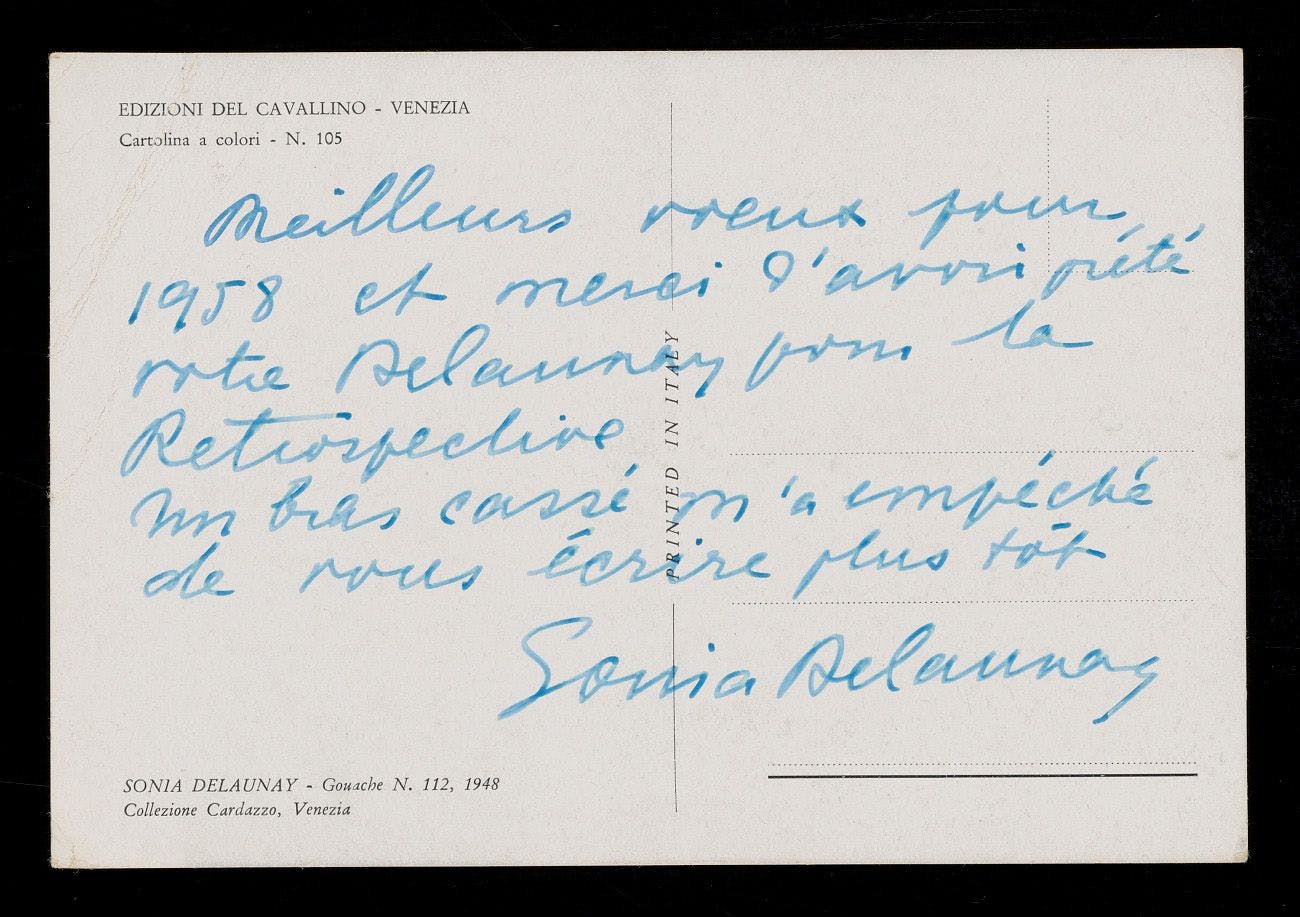 Note from Sonia Delaunay in Emily Hall Tremaine's artist file for Robert Delaunay