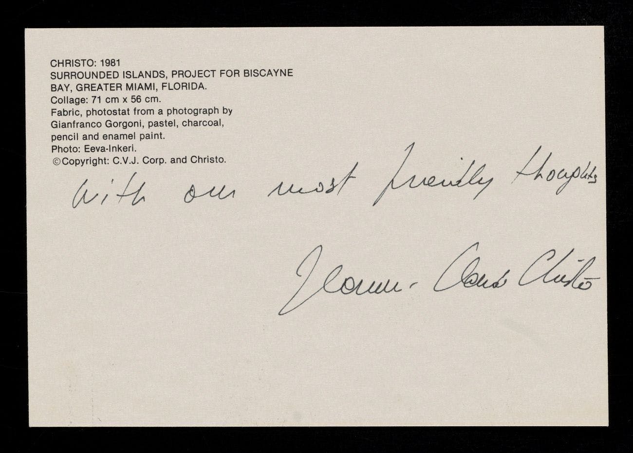 Postcard from Christo and Jeanne-Claude in Emily Hall Tremaine's artist file for Christo