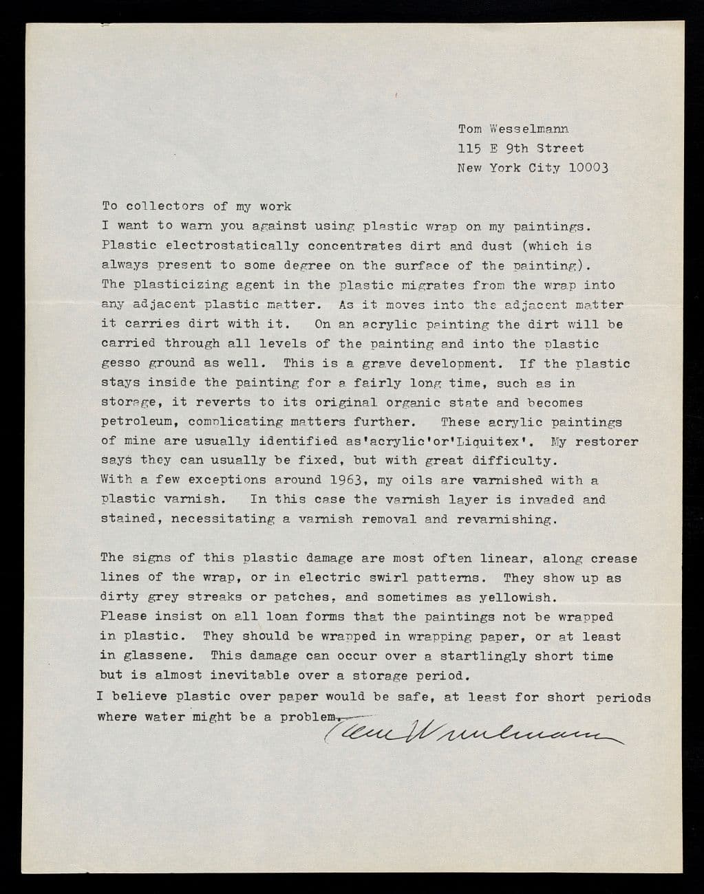 Note from Tom Wesselmann to his collectors included in Emily Hall Tremaine's artist files