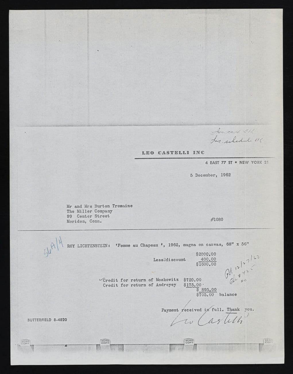 Receipt for Lichtenstein's Femme au Chapeau from Emily Hall Tremaine's artist file for Roy Lichtenstein