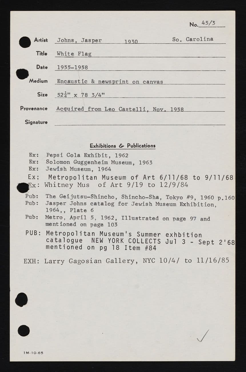 File card for White Flag by Jasper Johns