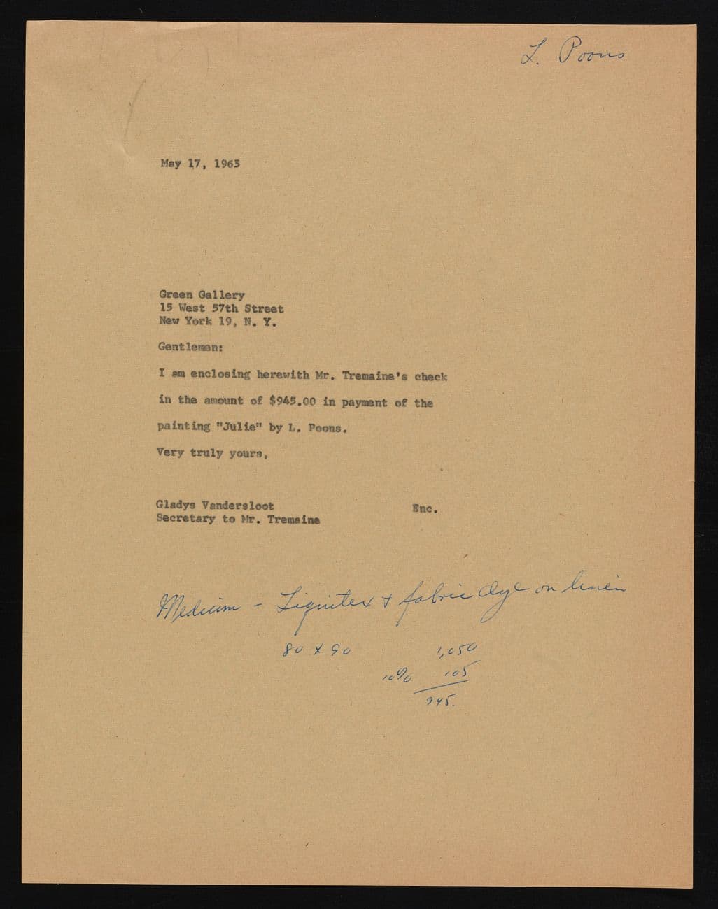 Payment for Julie from Emily Hall Tremaine's artist file for Larry Poons