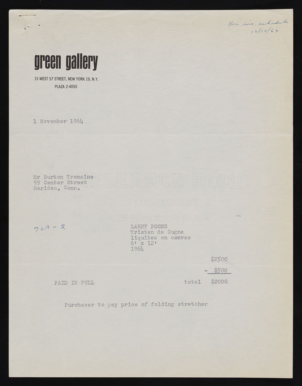 Invoice for Tristan Da Cugna from Emily Hall Tremaine's artist file for Larry Poons