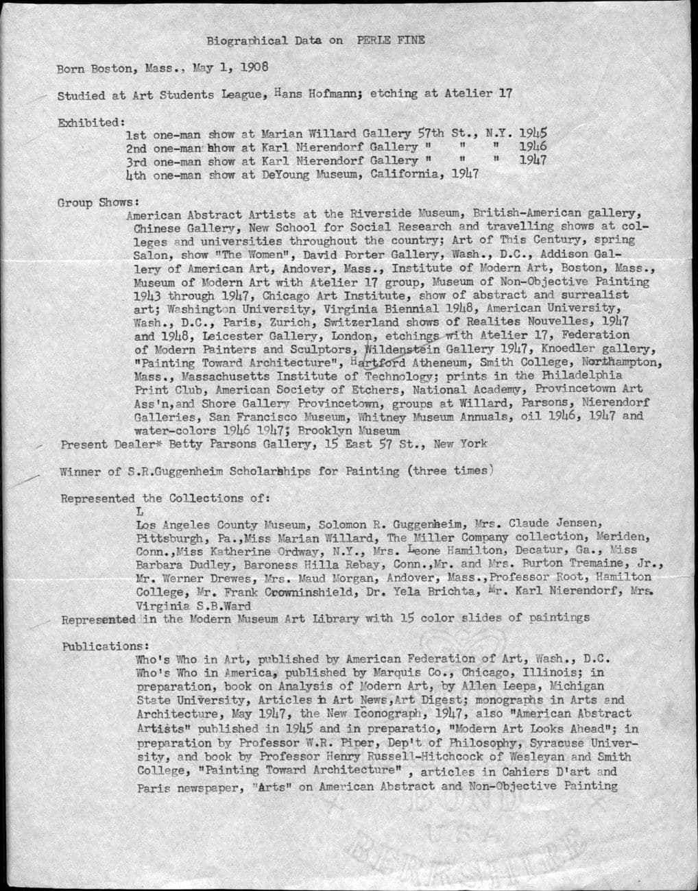 Biographical Data for Perle Fine, Betty Parsons Gallery, circa 1949
