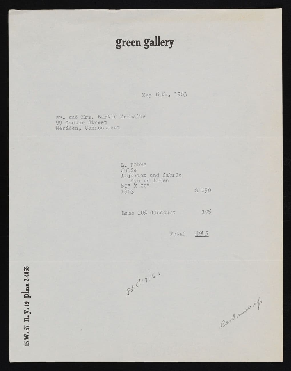 Invoice for Julie from Emily Hall Tremaine's artist file for Larry Poons