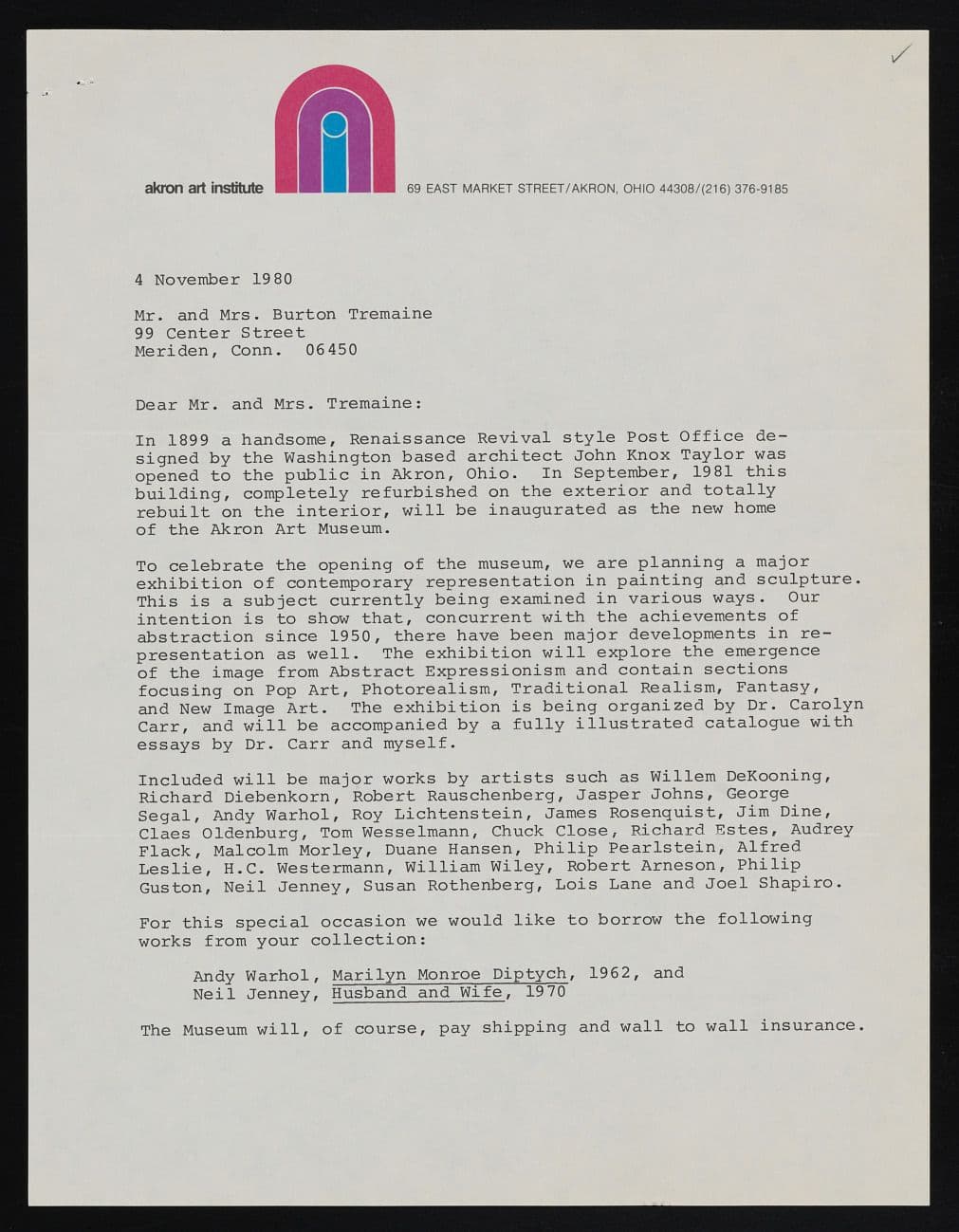 Letter requesting loan of Husband and Wife by Neil Jenney