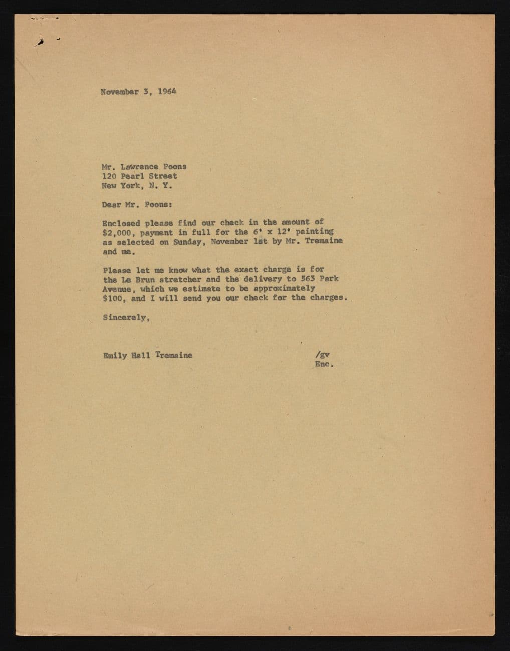 Payment for Tristan Da Cugna from Emily Hall Tremaine's artist file for Larry Poons