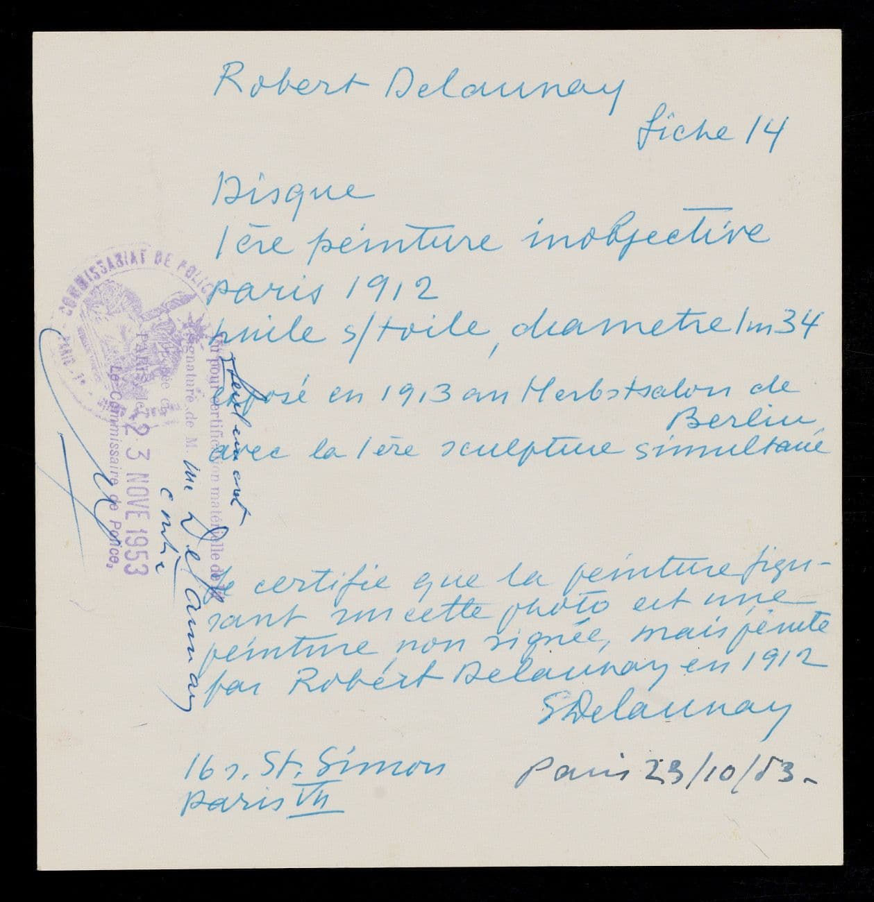 From Emily Hall Tremaine's artist file for Robert Delaunay