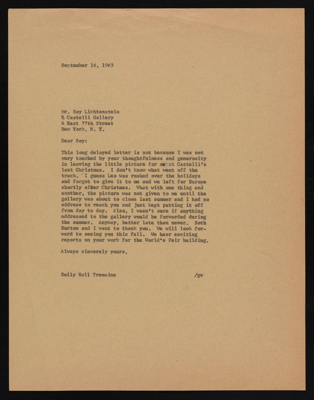 Letter from Roy Lichtenstein to Emily Hall Tremaine