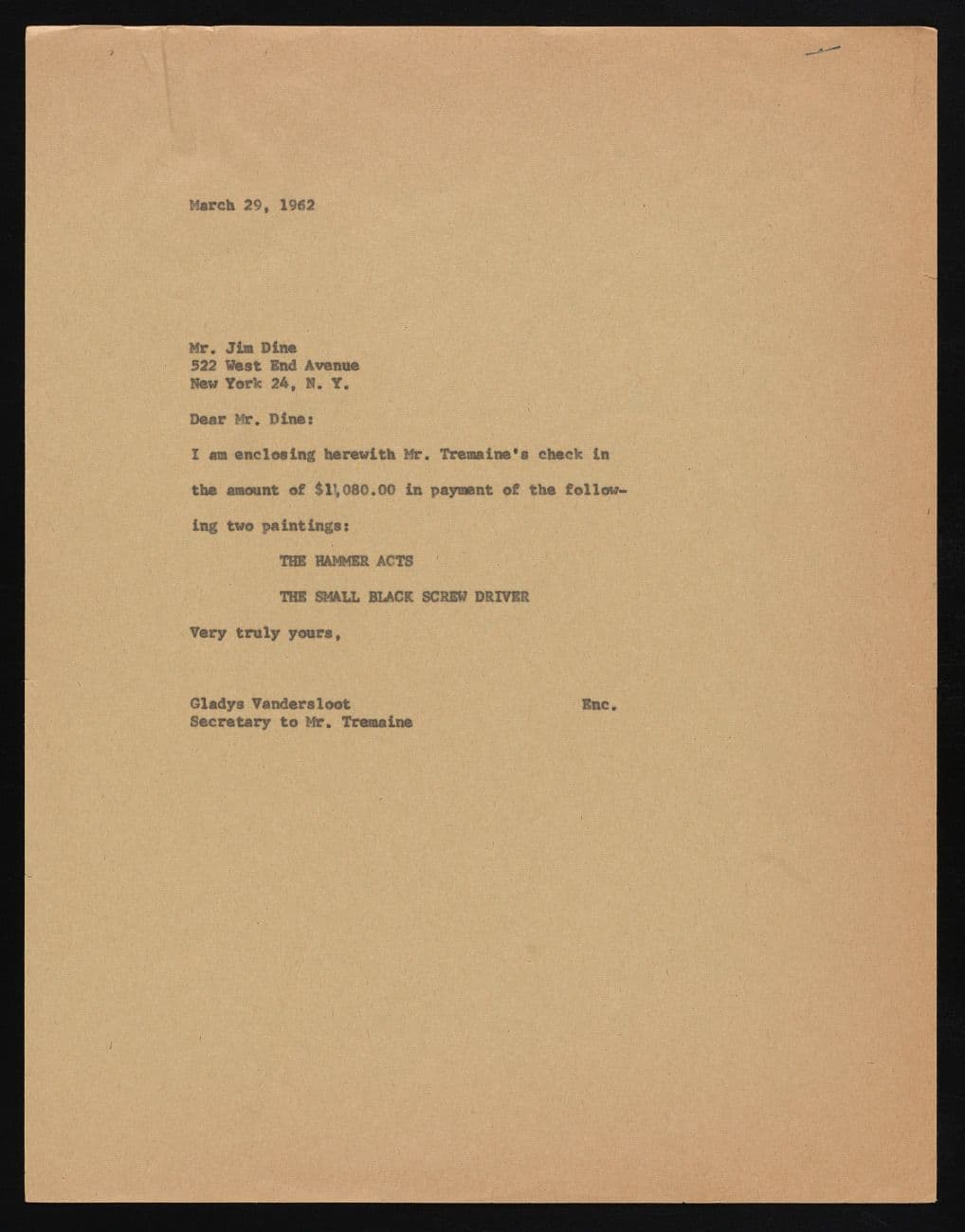 Payment letter to Jim Dine