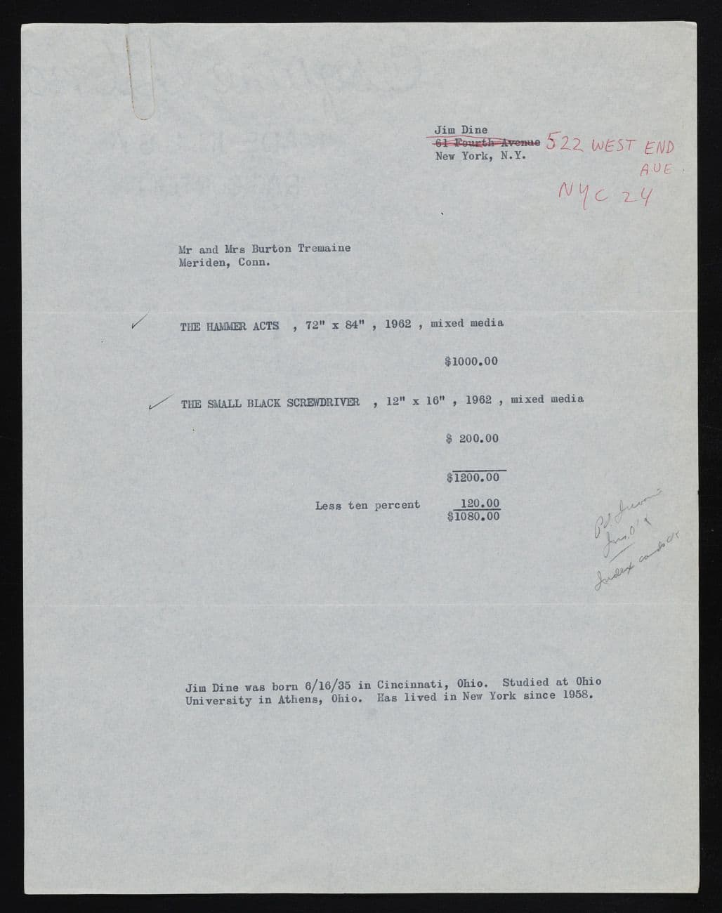 Invoice for works by Jim Dine