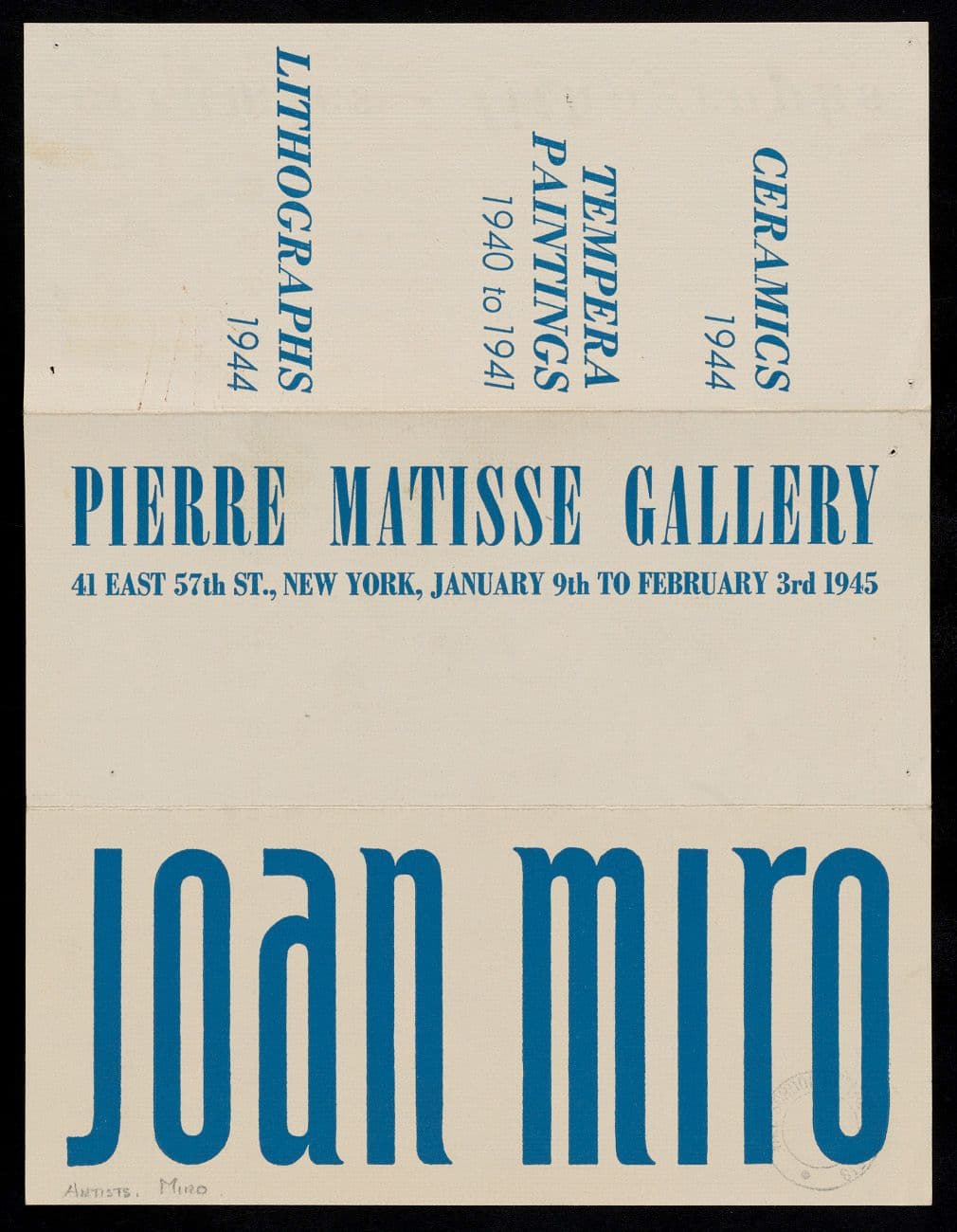 From Emily Hall Tremaine's artist file for Joan Miró