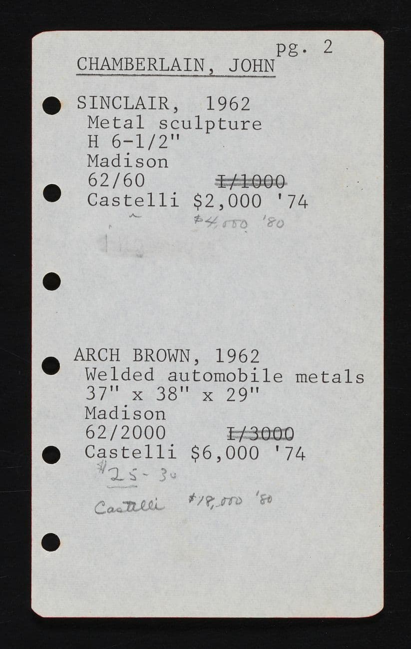 Index card for Arch Brown, John Chamberlain, 1962