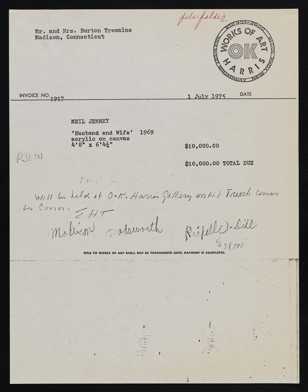 Receipt for purchase of Husband and Wife by Neil Jenney