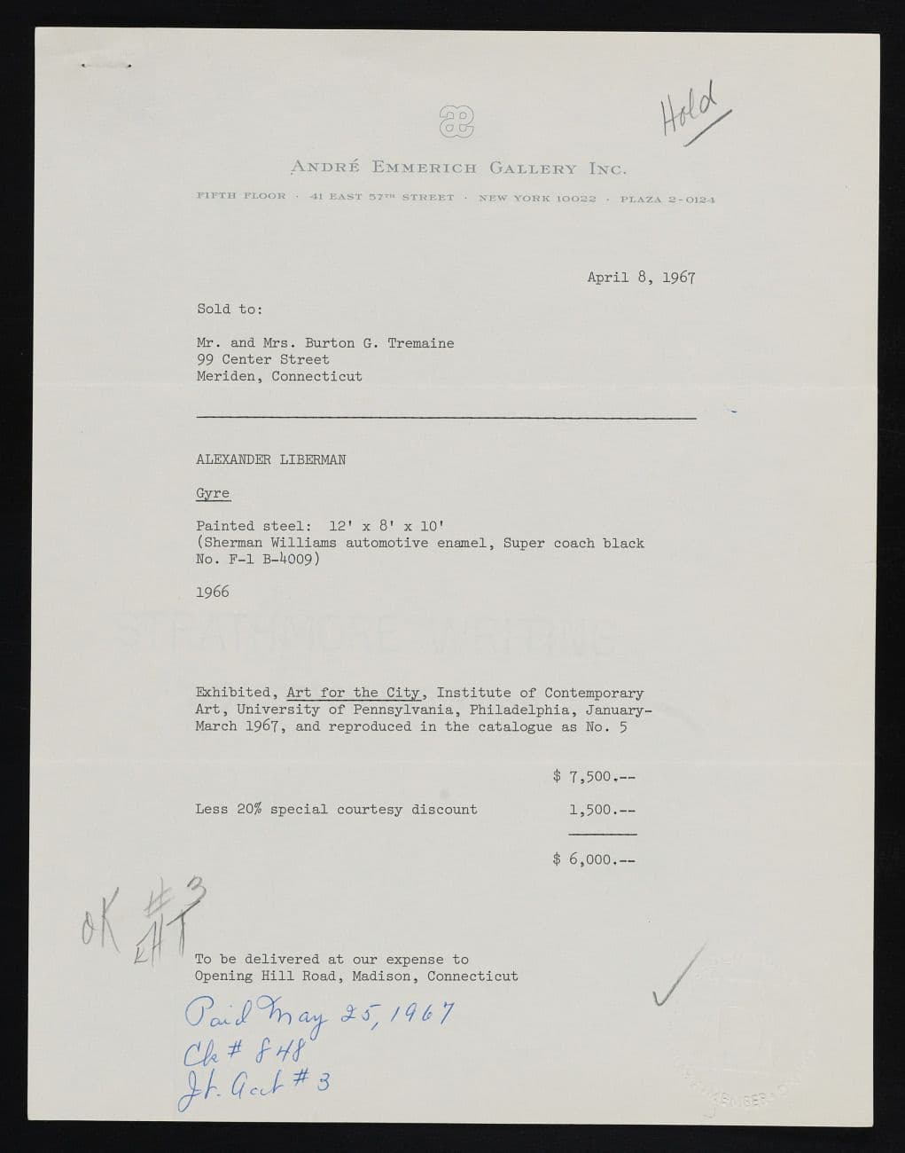 Invoice for Gyre from Emily Hall Tremaine's artist file for Alexander Liberman