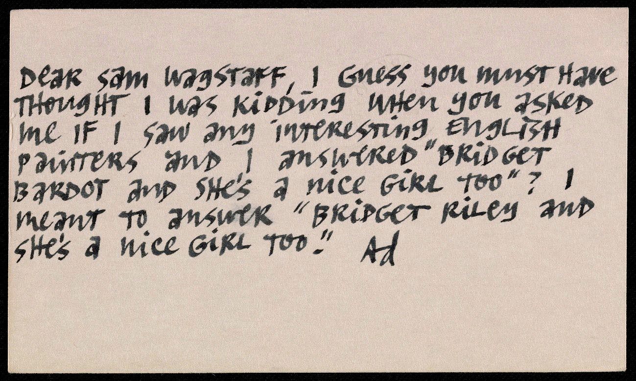 Ad Reinhardt postcard to Samuel J. Wagstaff, 1964 July 23.
