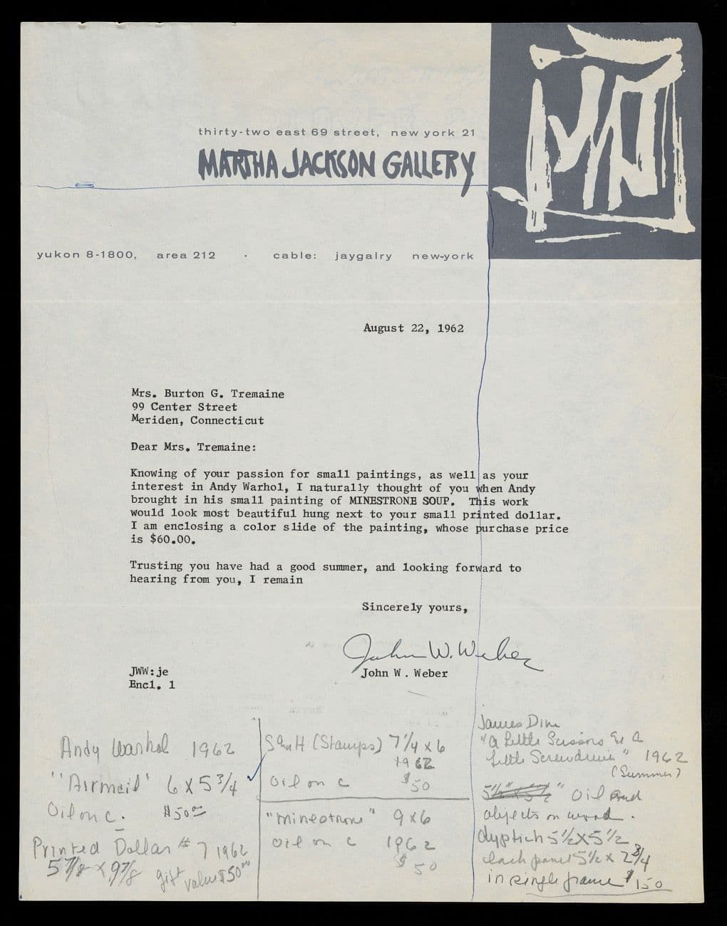 Letter to Emily Hall Tremaine from John Webster about Andy Warhol, Minestrone Soup, 1962