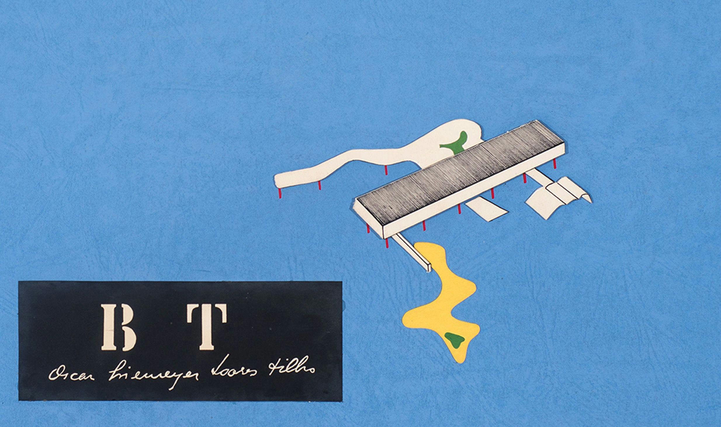 Detail of cover of a presentation brochure with a stylized paper cut-out of Oscar Niemeyer’s design for the Emily and Burton Tremaine Beach house (not built), Serena Beach, near Montecito, California