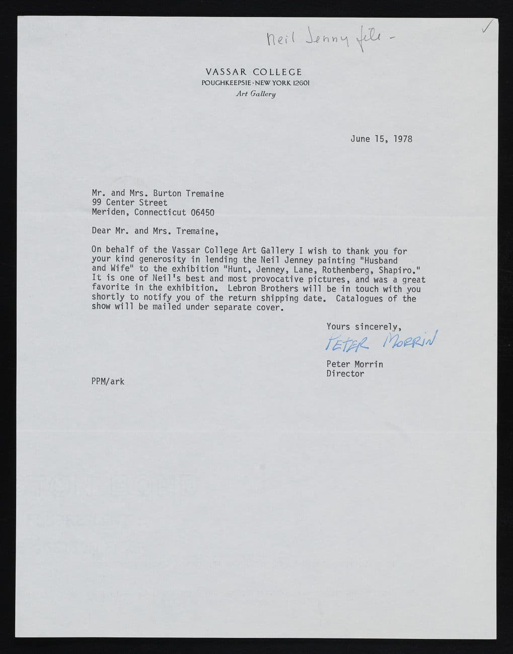Thank you letter for loan of Husband and Wife by Neil Jenney
