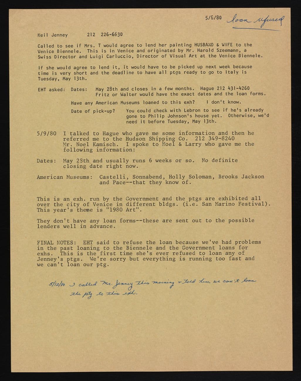 Response to loan request for Husband and Wife by Neil Jenney