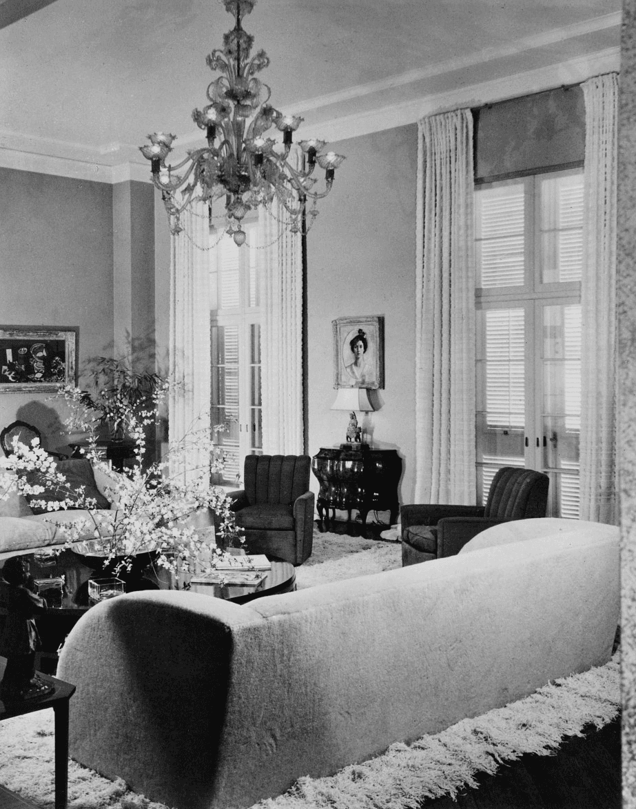 Lutah Maria Riggs (American, 1896–1984) and Paul T. Frankl (American, 1886–1958, born in Austria-Hungary), The living room interior with George Braque’s The Black Rose (1927) hanging on the far wall to the left, “Brünninghausen,” Montecito, California