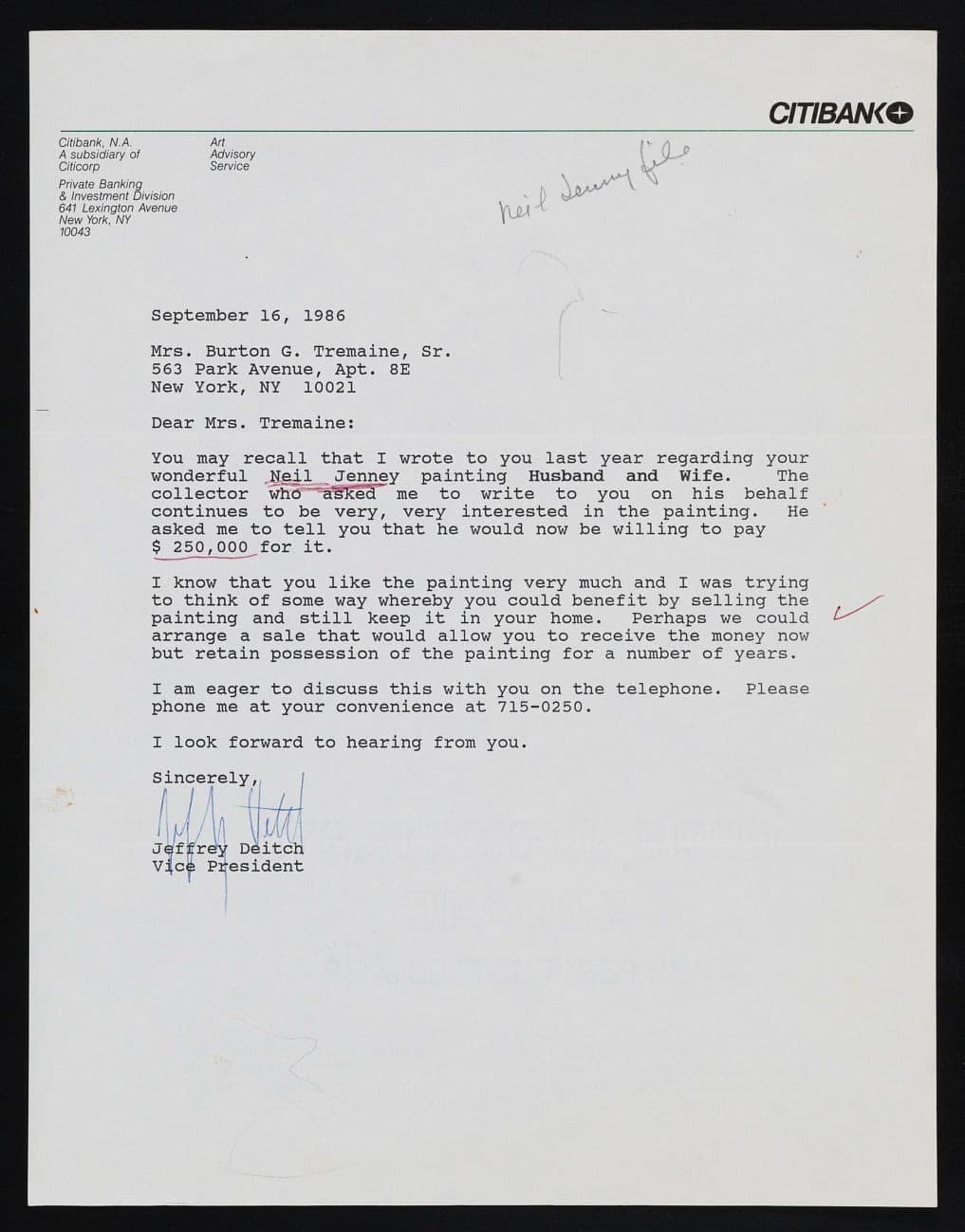Letter regarding Husband and Wife by Neil Jenney