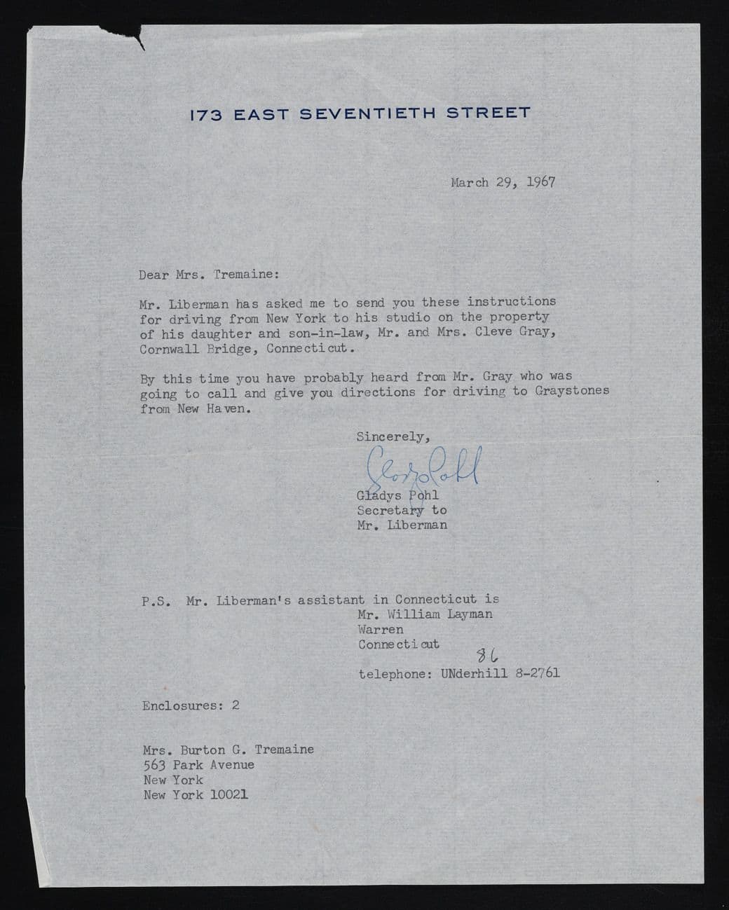 Directions to Liberman's studio from Emily Hall Tremaine's artist file for Alexander Liberman